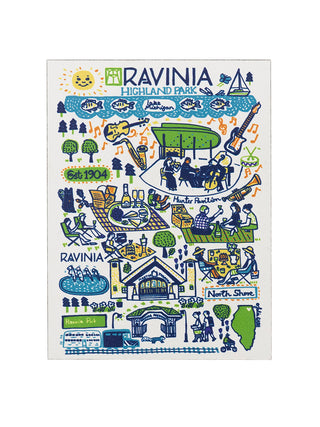 A white rectangular magnet with an illustrated design of various places and scenes from Ravinia Festival.