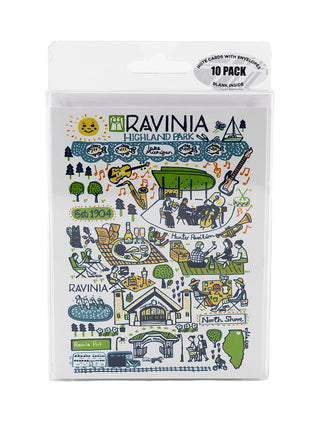 A pack of white notecards with an illustrated design of various places and moments from Ravinia Festival.