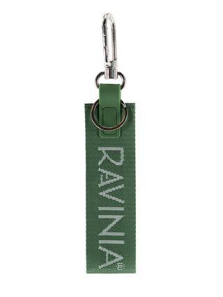 A green Ravinia branded keystrap keychain with a carabiner and a key ring.