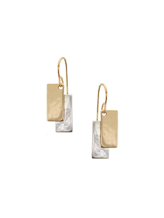 Two brass and silver rectangles layered on wire earrings.
