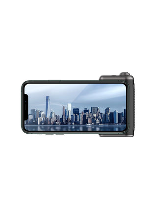A smartphone with the Magshutter Pro attached in landscape mode, on a white background.