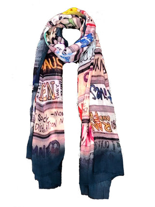 A styled scarf with some names of eighties bands like bauhaus and social distortion visible.