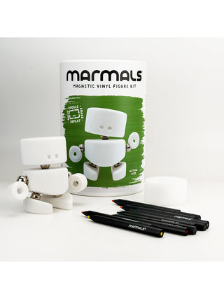 MO Marmals kit, displaying the white buildable figure, colored pencils, and eraser block included.