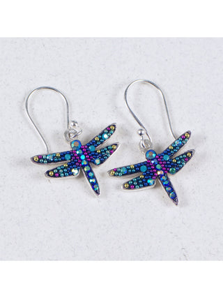 A pair of bedazzled crystal dragonfly earrings on wire hooks.