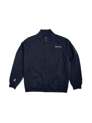 A navy blue full zip sweatshirt with an embroidered Ravinia logo on the left breast and an R on the right sleeve cuff.