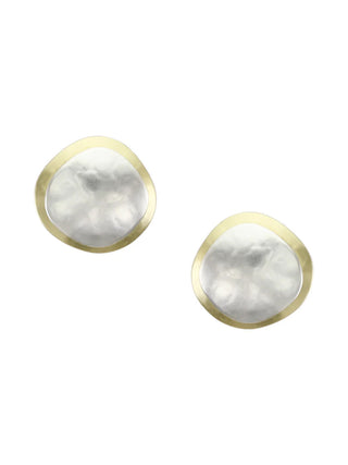 Pair of round brass earrings with a smaller round silver circle in the middle.