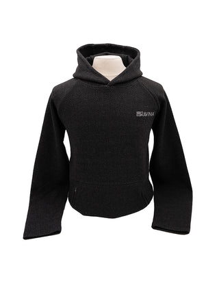 Black textured hoodie with zippered pockets and the Ravinia logo in white on the top left.