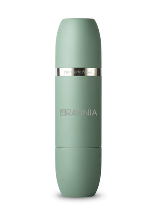 A green stainless steel wine flask with the Ravinia logo.