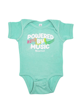 A light green short sleeve onesie with a snap closure and a design that says Powered By Music.