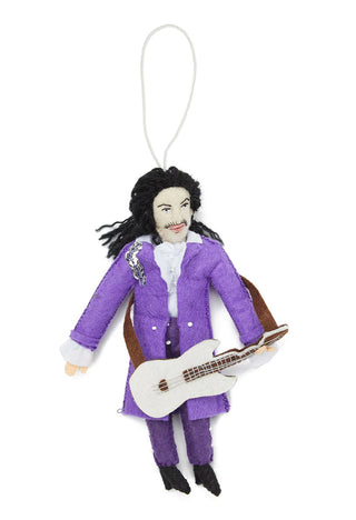 A felt ornament depicting the musician Prince, complete with purple suit and guitar.