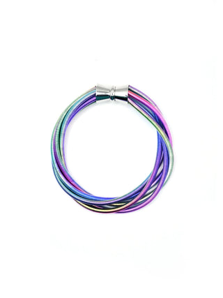 A five-strand multicolored piano wire bracelet with a magnetic clasp.