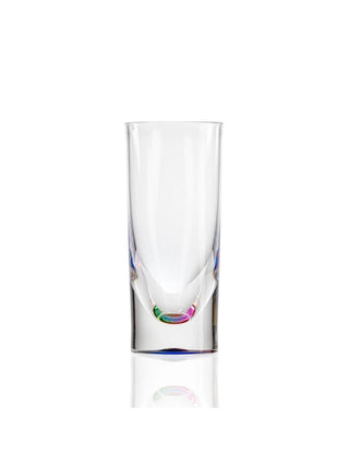A clear acrylic tumbler with a rainbow teardrop bottom.