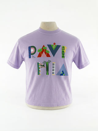 A mannequin wearing a light purple boxy cropped t-shirt with Ravinia in a music-themed design.