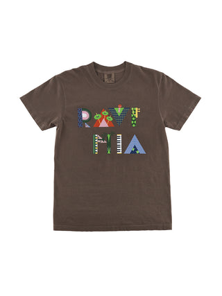 A brown t-shirt with Ravinia spelled out in music-themed lettering.