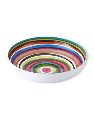 A colorful striped serving bowl on a white background.