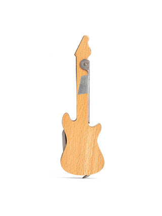 A wooden and metal corkscrew in the shape of an electric guitar.