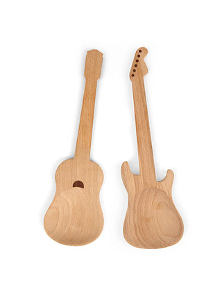 Two wooden serving spoons in the shape of an acoustic and an electric guitar.