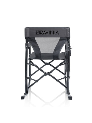 A graphite foldable rocking chair with the Ravinia logo on the backrest.