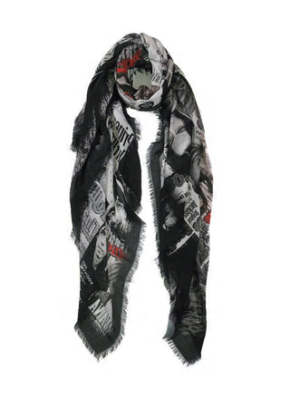 Styled scarf covered with images of rock stars from Rolling Stone magazine.