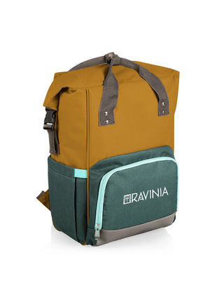 A yellow and teal cooler backpack at an angle, showing the side pocket.