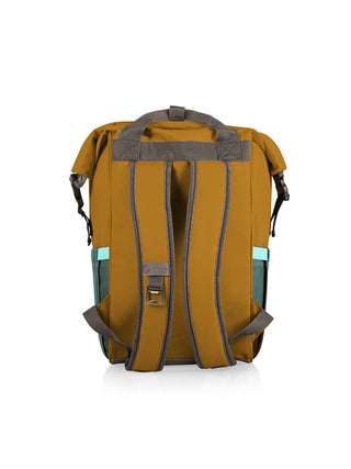Yellow and teal backpack, showing the backpack straps with a bottle opener.