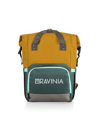 A yellow and teal cooler backpack with the Ravinia logo.