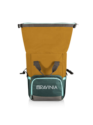 A yellow and teal cooler backpack with the Ravinia logo, with the top unrolled.
