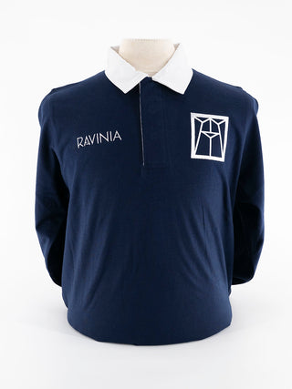 A navy blue long sleeve rugby shirt with a white collar, Ravinia logo on the left breast, and Ravinia on the right breast.