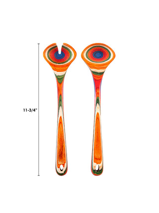 Two colorful wooden salad serving utensils on a white background, measuring 11-3/4".