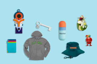 A collection of discounted clothing, accessories, and decor items, on a blue background.
