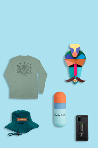 A collection of discounted clothing, accessories, and decor items, on a blue background.
