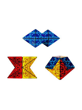Three potential shapes that can be made with the Shashibo OCTA, showing three different colorful patterns.