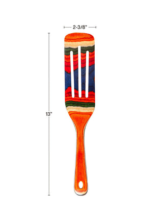 A colorful wooden kitchen utensil, measuring 13" long and 2-3/8" wide.
