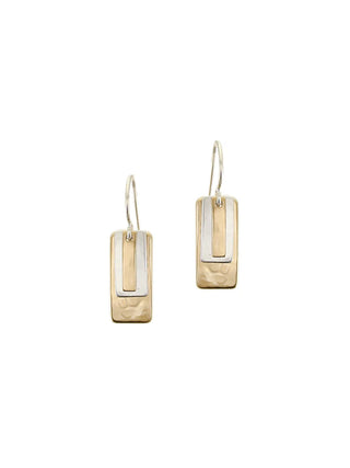 Three layered brass and silver rectangles on wire earrings.