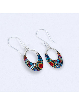 A pair of dangle earrings in the shape of small bejeweled open hoops.