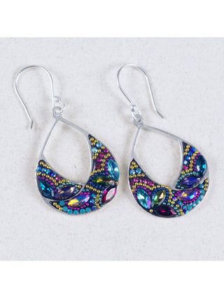 A pair of bedazzled crystal drop hoop earrings on wire hooks.
