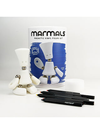 Squeaks Marmals kit, displaying the white buildable figure, colored pencils, and eraser block included.