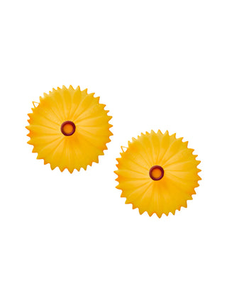 Two yellow silicone sunflower drink covers.