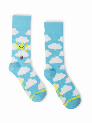 Sky blue socks with a yellow smiling sun and white clouds.