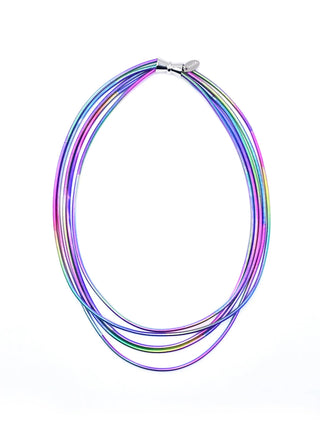A multicolored necklace made of 5 strands of piano wire with a magnetic clasp.