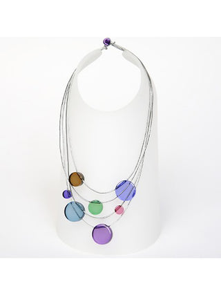 A four-stranded necklace with multicolored acrylic circular beads.