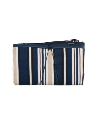 A rolled picnic blanket with blue, white, and tan stripes.