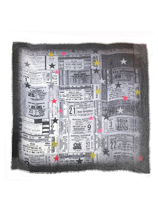 Flat scarf with images of old concert tickets in black and white, from Rick James to Bruce Springsteen and more.