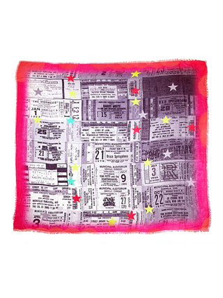 Flat scarf with images of old concert tickets in black and white with a fuchsia border, from Rick James to Bruce Springsteen and more.
