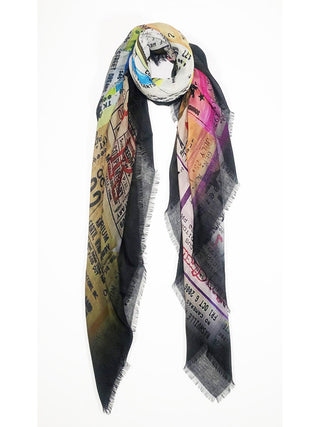 Styled scarf with images of old concert tickets, from Rick James to Bruce Springsteen and more.