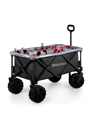 A black folding wagon with a silver inner lining holding ice and drinks.