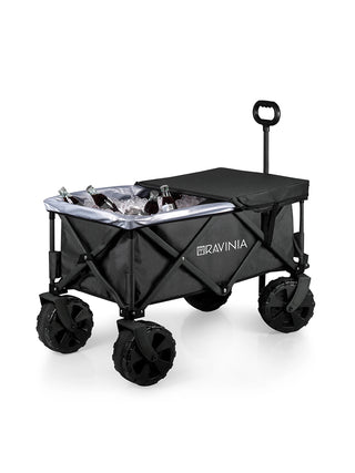 A black folding wagon with the Ravinia logo, with a silver lining filled with ice and drinks, and a black cover half-open.
