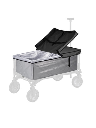 A silver waterproof lining inside a folding wagon, with a tabletop cover half-open.