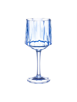 A blue acrylic stemmed wine glass.