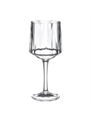 A clear acrylic stemmed wine glass.